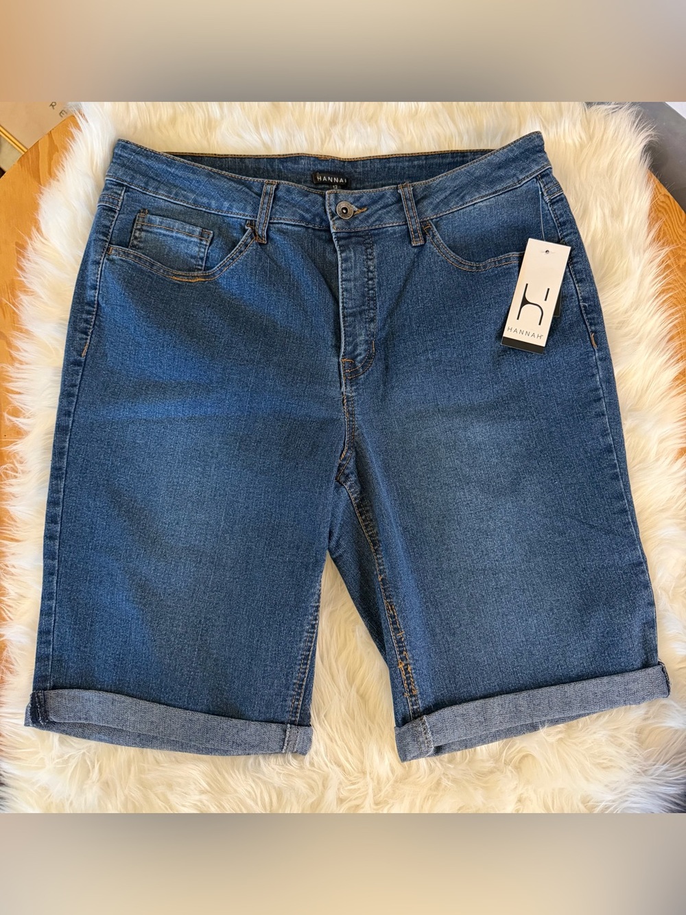 Hannah Indigo Blue Denim Shorts with Tan Stitching